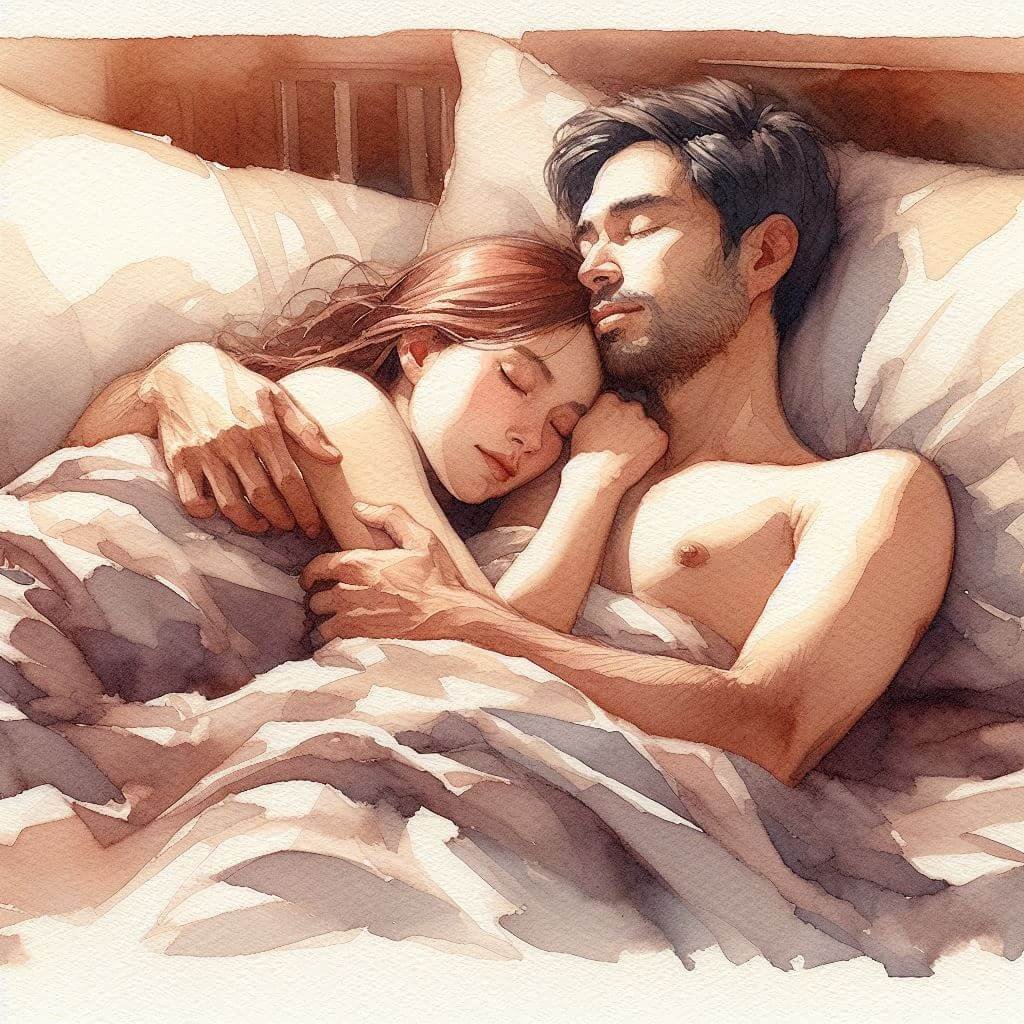 a water colour painting of couples sleeping in bed.