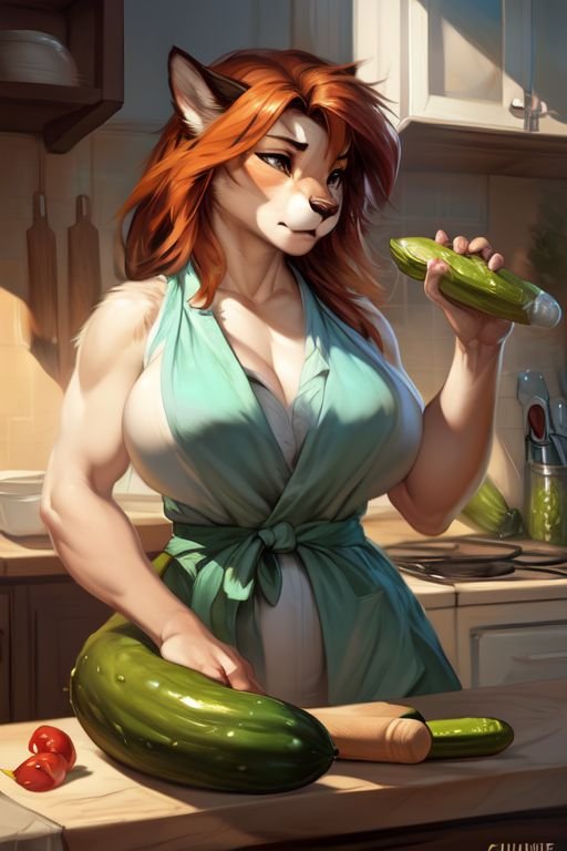 A woman in white vest with big boobs looks frustrated, stands in the kitchen, dramatically examining a cucumber, a rolling pin, and an electric toothbrush lined up on the counter