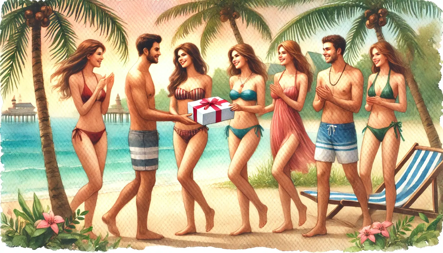 A watercolor painting of several couples in bikinis and swimwear exchanging gifts in a tropical beach setting.