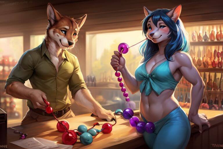a sexy couple is buying anal beads on a adult toys store