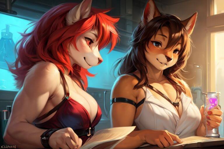 a sexy couple is studying Sex Straps in a laboratory