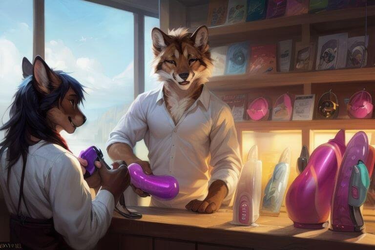 a sexy couple in a sex toy store is choosing app control male vibrators happily
