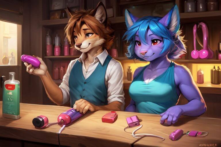 a sexy well dressed couple is buying quiet vibrators in an adult toys store
