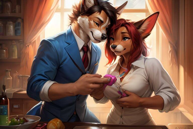 a well dressed sexy couple is playing quiet vibrators together in the house